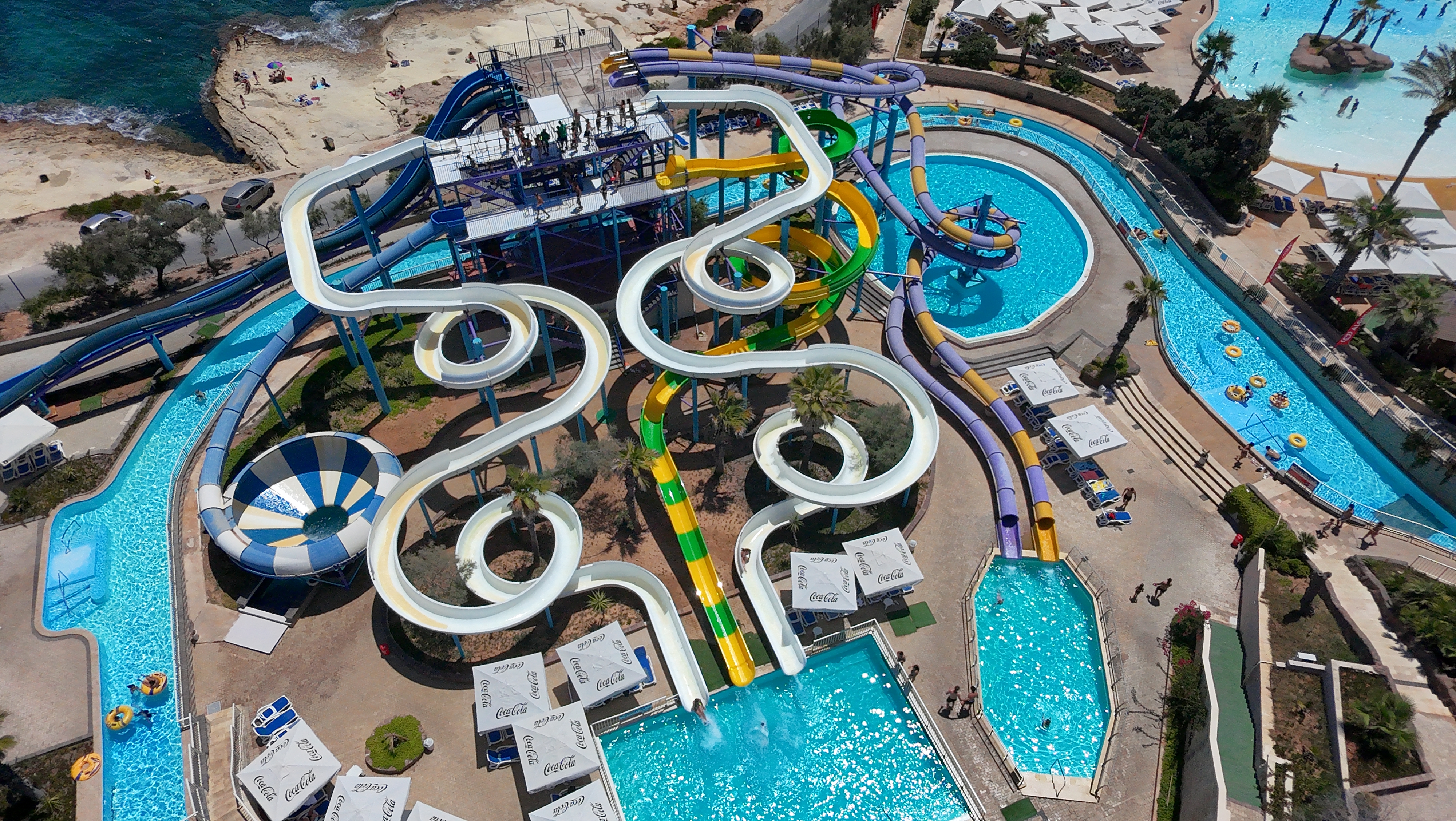 Aerial view of thrilling water slides and pools